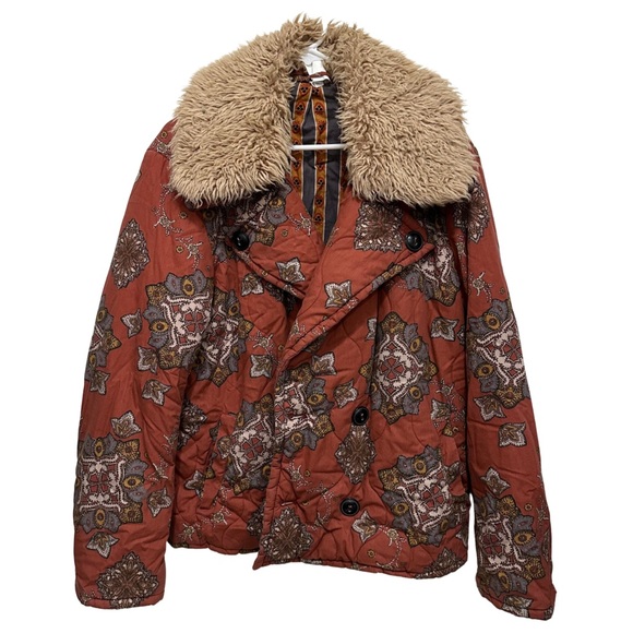 Free People Brooke Jacket Faux Fur Collar Boho Print Quilted - Picture 4 of 11